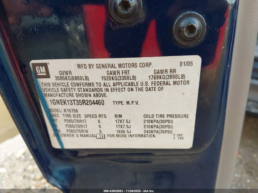 2005 Chevrolet Tahoe Z71 VIN: 1GNEK13T35R204460 Lot: 43802583