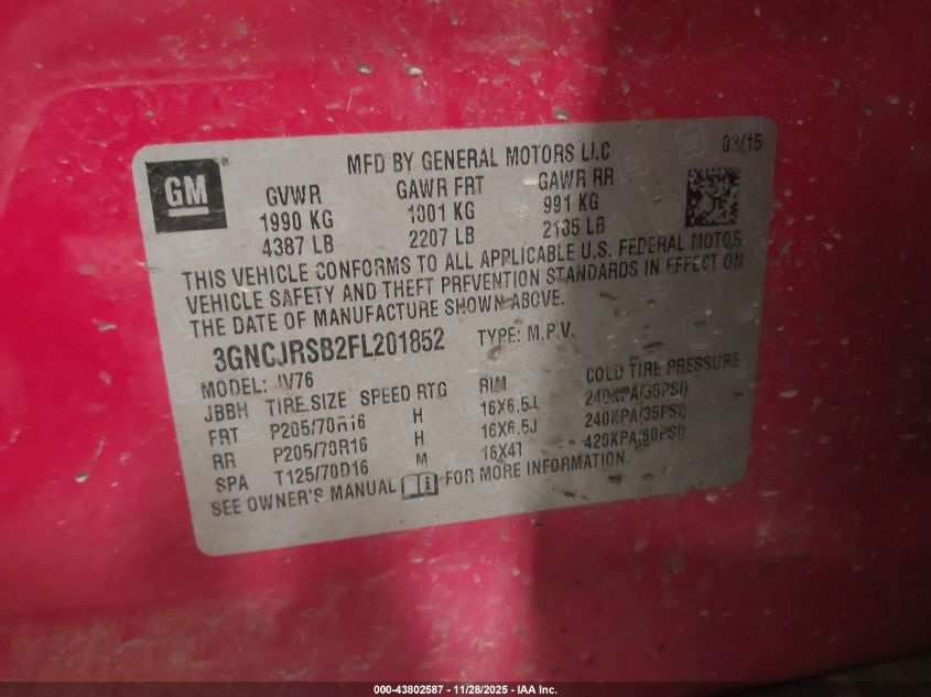 2015 Chevrolet Trax Lt VIN: 3GNCJRSB2FL201852 Lot: 43802587