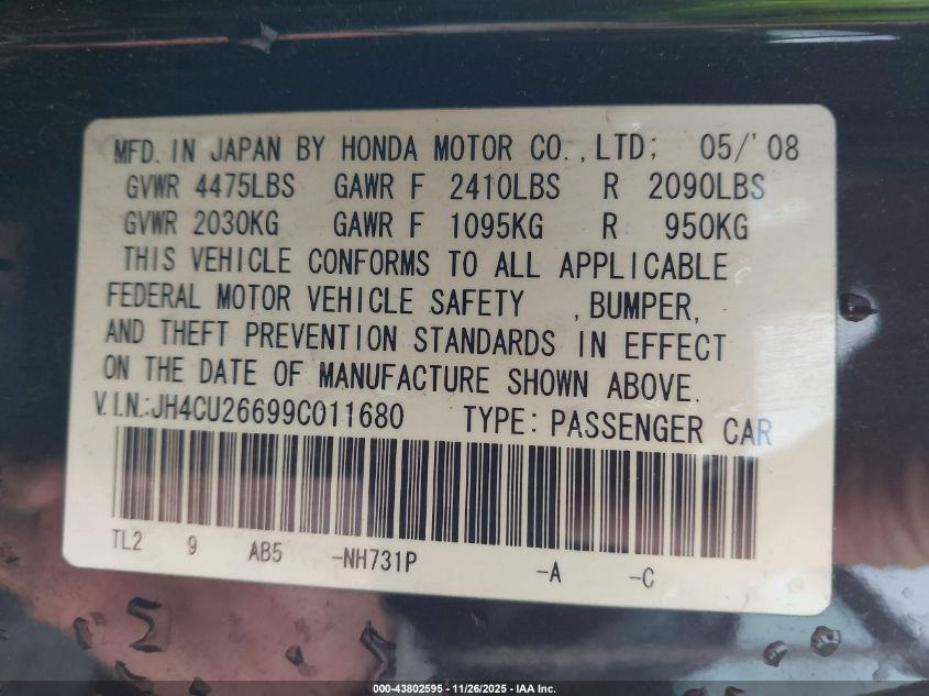 2009 Acura Tsx VIN: JH4CU26699C011680 Lot: 43802595