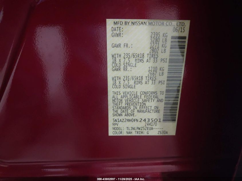 2015 Nissan Murano S VIN: 5N1AZ2MH0FN243501 Lot: 43802597