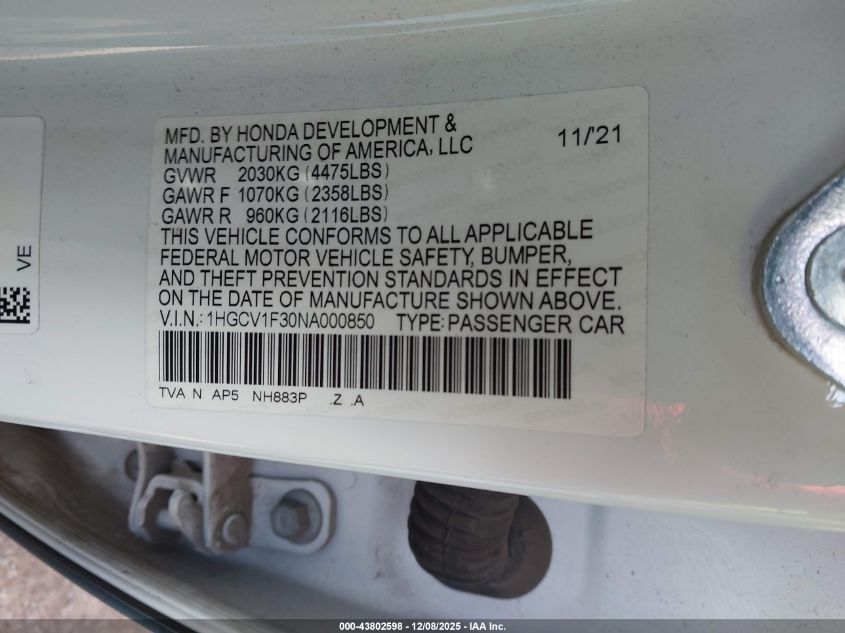 2022 Honda Accord Sport VIN: 1HGCV1F30NA000850 Lot: 43802598