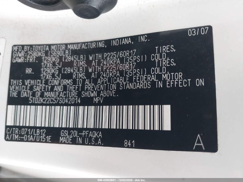 2007 Toyota Sienna Xle VIN: 5TDZK22C57S042014 Lot: 43802601