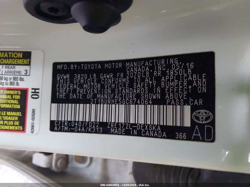 2016 Toyota Corolla S Plus VIN: 2T1BURHE5GC674064 Lot: 43802602