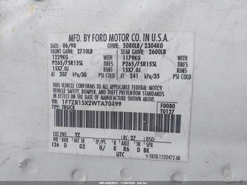 1998 Ford Ranger Splash/Xl/Xlt VIN: 1FTZR15X2WTA70499 Lot: 43802610