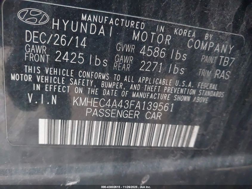 2015 Hyundai Sonata Hybrid VIN: KMHEC4A43FA139561 Lot: 43802615