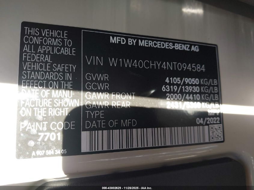 2022 Mercedes-Benz Sprinter 2500 High Roof I4 VIN: W1W40CHY4NT094584 Lot: 43802629