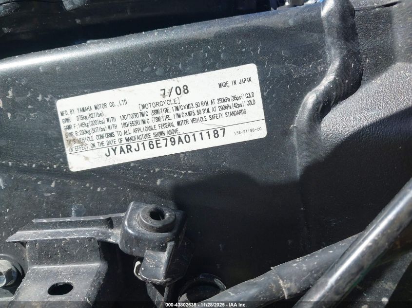 2009 Yamaha Yzfr6 VIN: JYARJ16E79A011187 Lot: 43802635