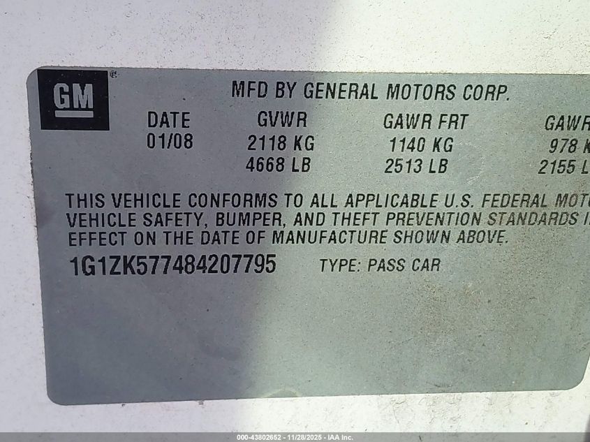 2008 Chevrolet Malibu Ltz VIN: 1G1ZK577484207795 Lot: 43802652