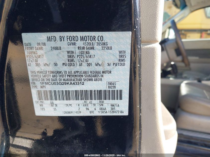 2009 Ford Escape Xlt VIN: 1FMCU03G29KA43312 Lot: 43802662