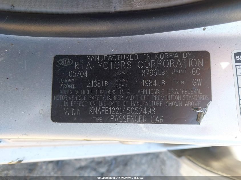 2004 Kia Spectra Ex/Lx VIN: KNAFE122145052498 Lot: 43802668