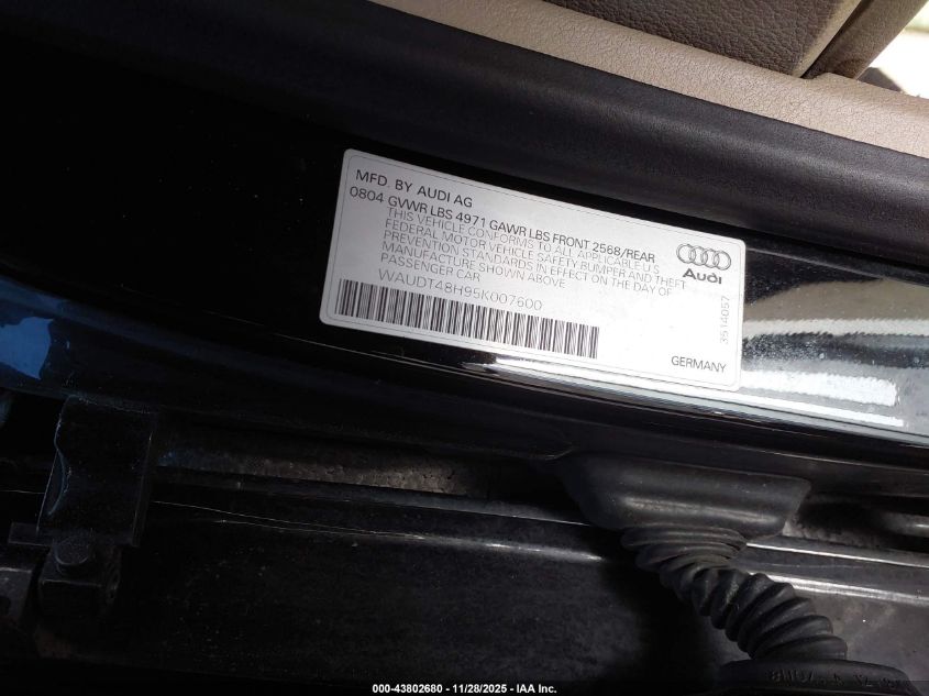 2005 Audi A4 3.0 VIN: WAUDT48H95K007600 Lot: 43802680
