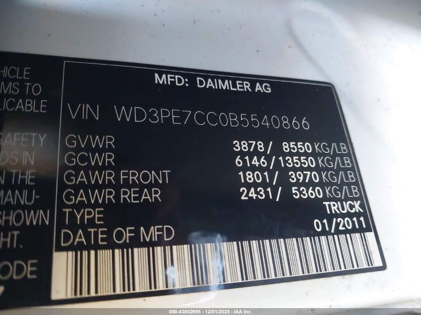 2011 Mercedes-Benz Sprinter 2500 Normal Roof VIN: WD3PE7CC0B5540866 Lot: 43802695
