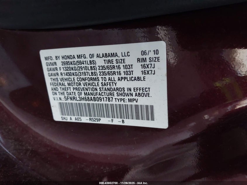 2010 Honda Odyssey Ex-L VIN: 5FNRL3H68AB091787 Lot: 43802708