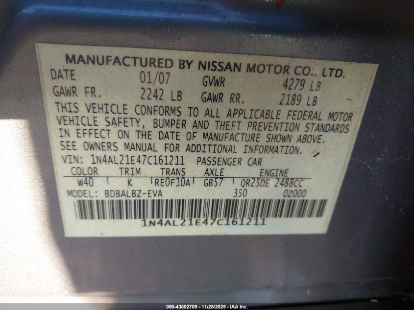 2007 Nissan Altima 2.5 S VIN: 1N4AL21E47C161211 Lot: 43802709