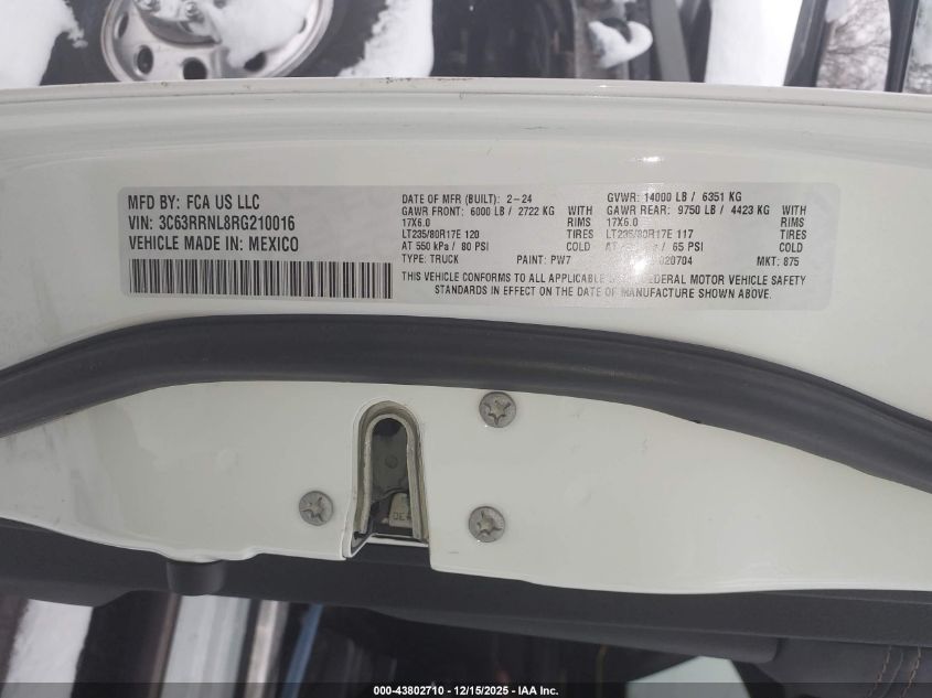 2024 Ram 3500 Limited Longhorn 4X4 6'4 Box VIN: 3C63RRNL8RG210016 Lot: 43802710