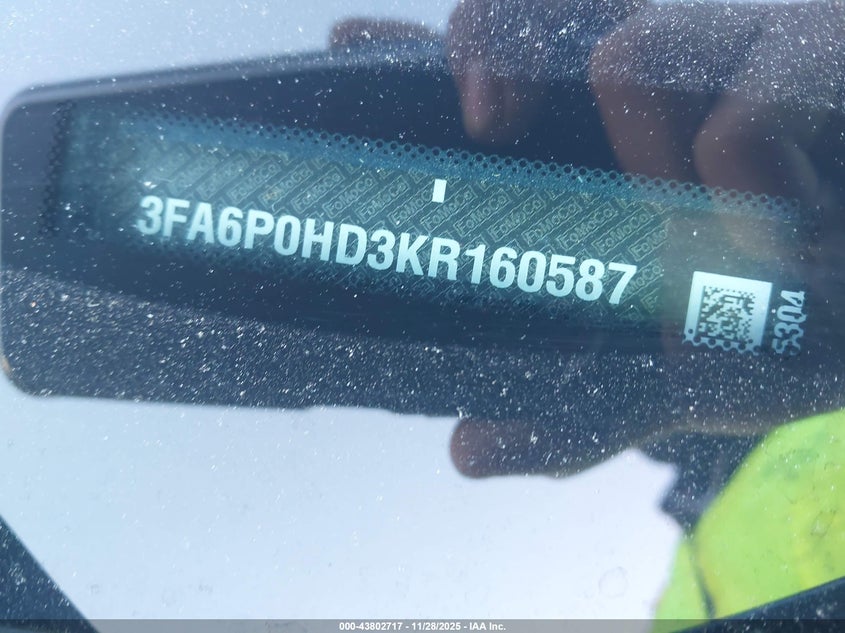 2019 Ford Fusion Se VIN: 3FA6P0HD3KR160587 Lot: 43802717