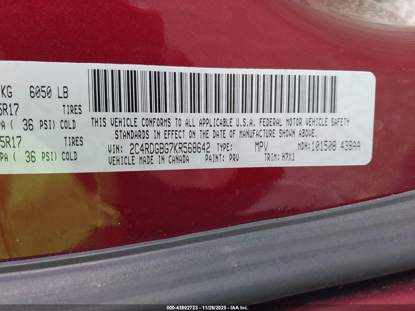 2019 Dodge Grand Caravan Se VIN: 2C4RDGBG7KR568642 Lot: 43802723