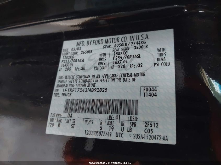 2003 Ford F-150 Xl/Xlt VIN: 1FTRF17243NB92825 Lot: 43802746