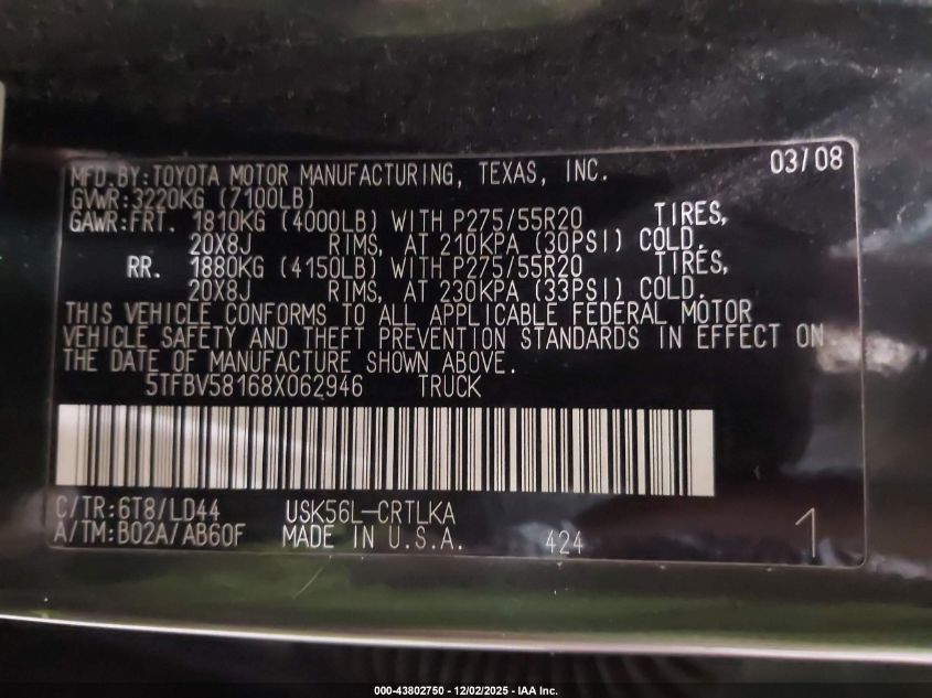 2008 Toyota Tundra Limited 5.7L V8 VIN: 5TFBV58168X062946 Lot: 43802750