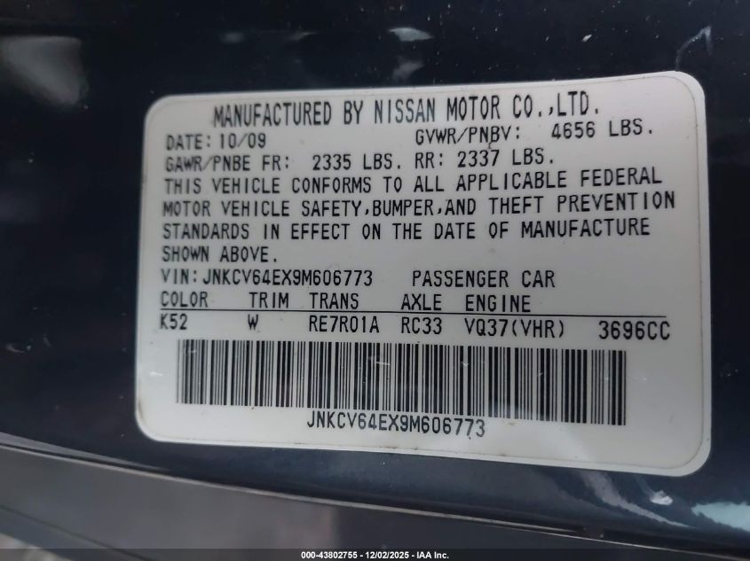 2009 Infiniti G37 Journey VIN: JNKCV64EX9M606773 Lot: 43802755