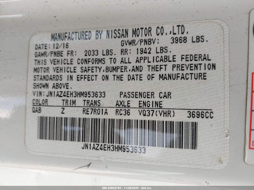 2017 Nissan 370Z Nismo VIN: JN1AZ4EH3HM953633 Lot: 43802765