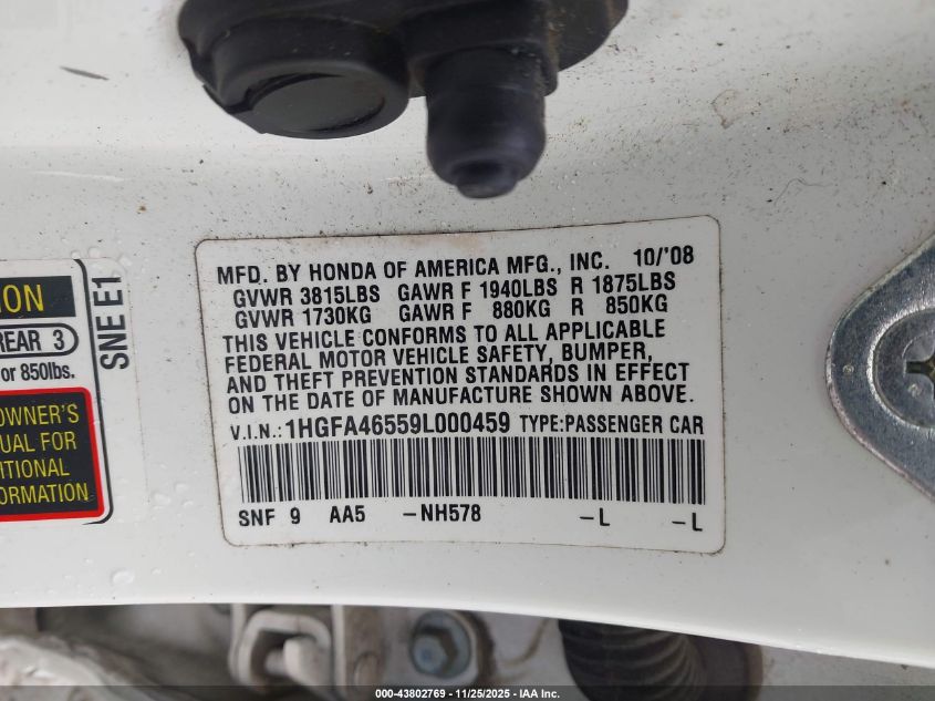 2009 Honda Civic Gx VIN: 1HGFA46559L000459 Lot: 43802769