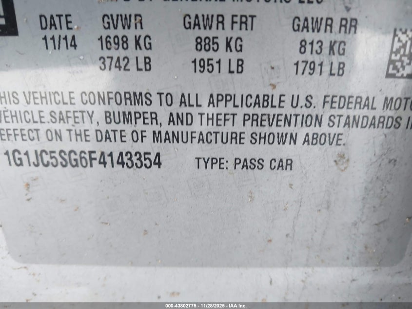 2015 Chevrolet Sonic Lt Auto VIN: 1G1JC5SG6F4143354 Lot: 43802775