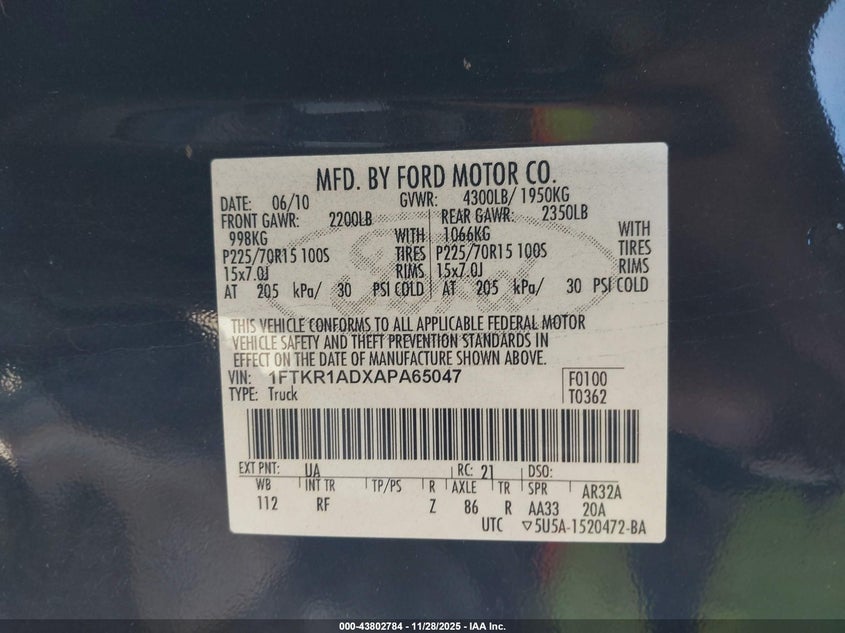 2010 Ford Ranger Xl/Xlt VIN: 1FTKR1ADXAPA65047 Lot: 43802784