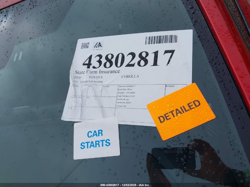 2020 Toyota Corolla Se VIN: 5YFS4RCEXLP002938 Lot: 43802817