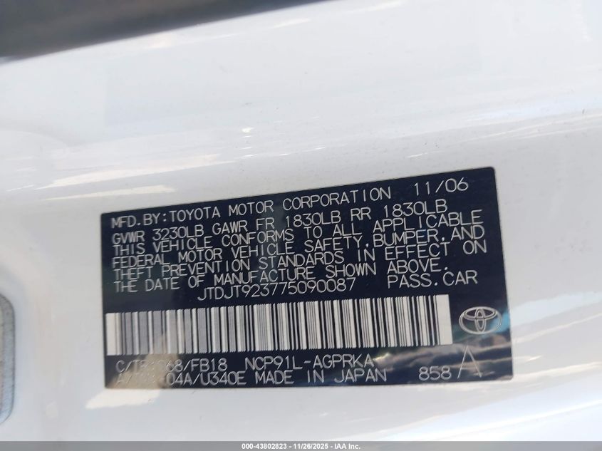 2007 Toyota Yaris VIN: JTDJT923775090087 Lot: 43802823