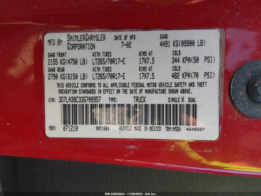 2003 Dodge Ram 3500 Slt/Laramie/St VIN: 3D7LA38C33G709957 Lot: 43802834