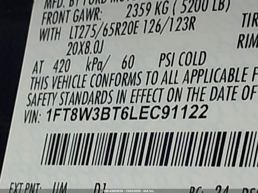 2020 Ford F-350 King Ranch VIN: 1FT8W3BT6LEC91122 Lot: 43802836