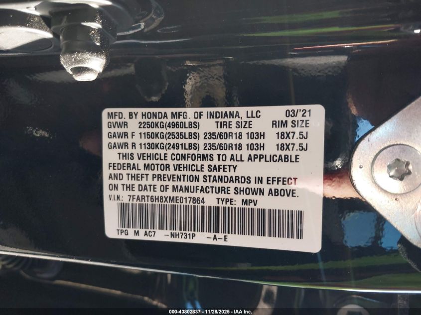 2021 Honda Cr-V Hybrid Ex-L VIN: 7FART6H8XME017864 Lot: 43802837