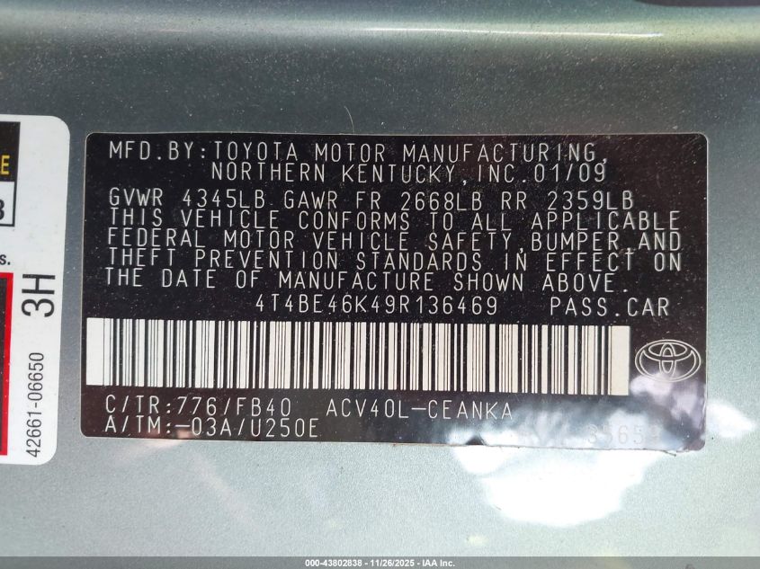 2009 Toyota Camry Le VIN: 4T4BE46K49R136469 Lot: 43802838