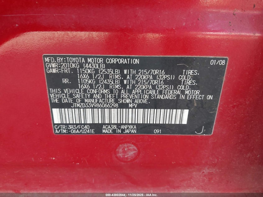 2008 Toyota Rav4 VIN: JTMZD33V986066298 Lot: 43802844