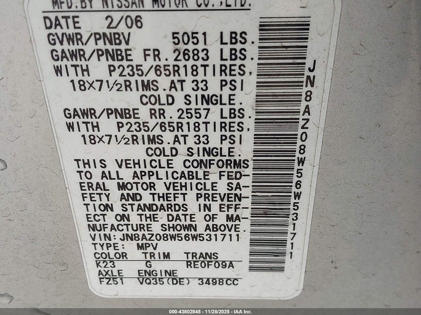 2006 Nissan Murano Se VIN: JN8AZ08W56W531711 Lot: 43802848