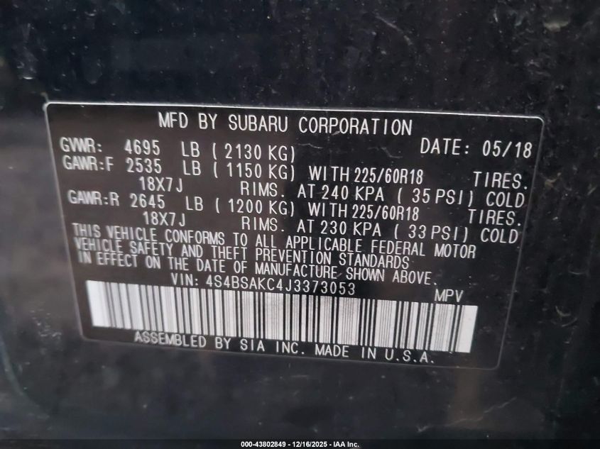 2018 Subaru Outback 2.5I Limited VIN: 4S4BSAKC4J3373053 Lot: 43802849