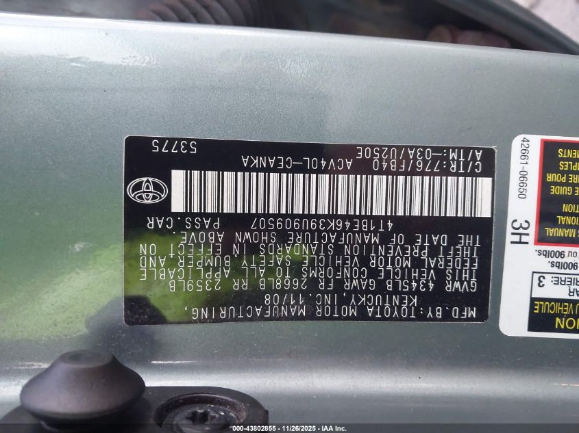 2009 Toyota Camry Le VIN: 4T1BE46K39U909507 Lot: 43802855