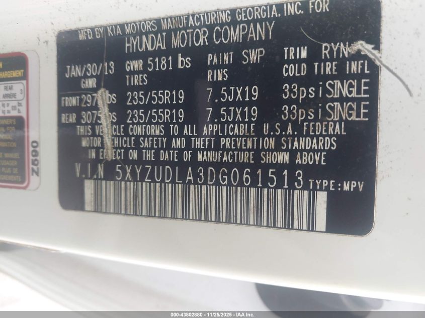 2013 Hyundai Santa Fe Sport 2.0T VIN: 5XYZUDLA3DG061513 Lot: 43802880