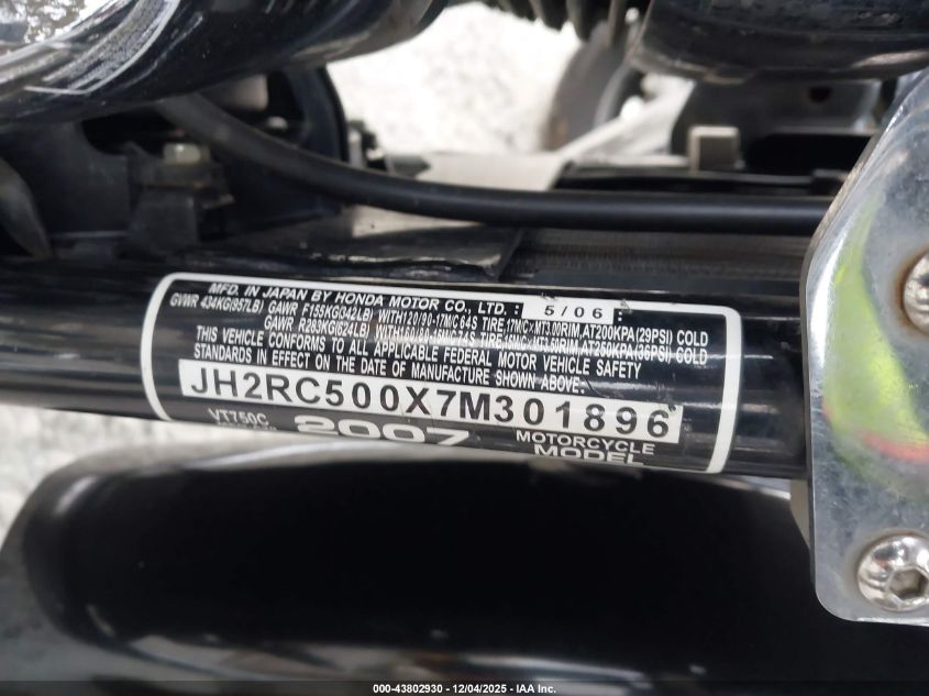 2007 Honda Vt750 VIN: JH2RC500X7M301896 Lot: 43802930