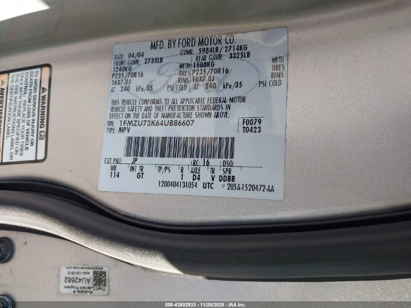 2004 Ford Explorer Nbx/Xlt VIN: 1FMZU73K64UB86607 Lot: 43802933