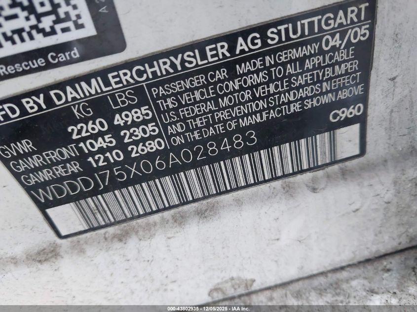 2006 Mercedes-Benz Cls 500 VIN: WDDDJ75X06A028483 Lot: 43802935