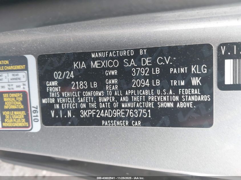 2024 Kia Forte Lxs VIN: 3KPF24AD9RE763751 Lot: 43802941
