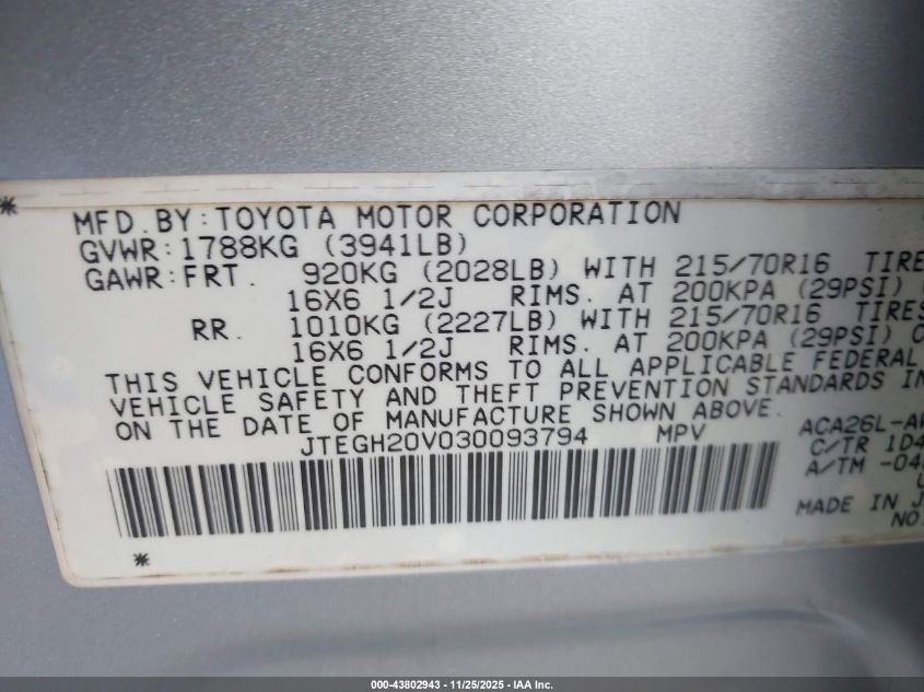 2003 Toyota Rav4 VIN: JTEGH20V030093794 Lot: 43802943