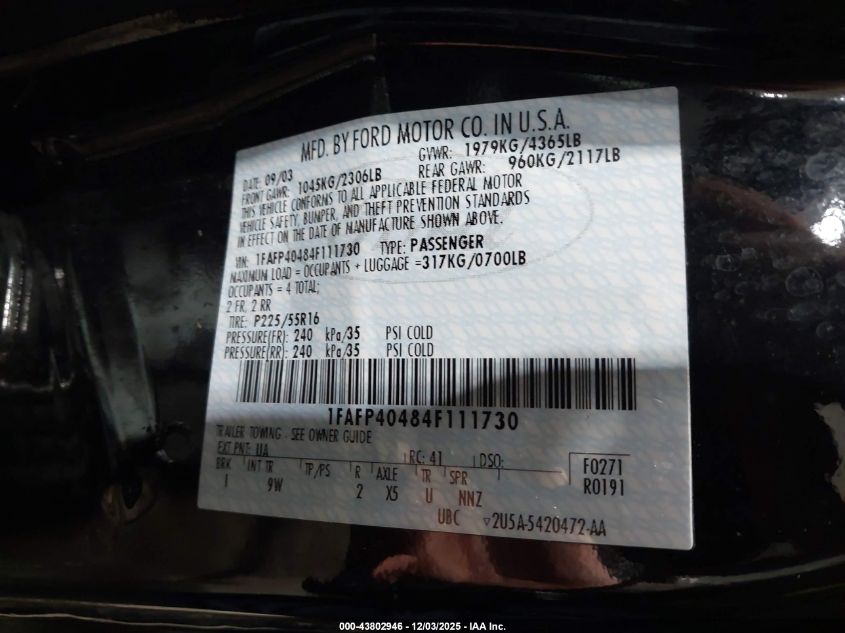 2004 Ford Mustang VIN: 1FAFP40484F111730 Lot: 43802946