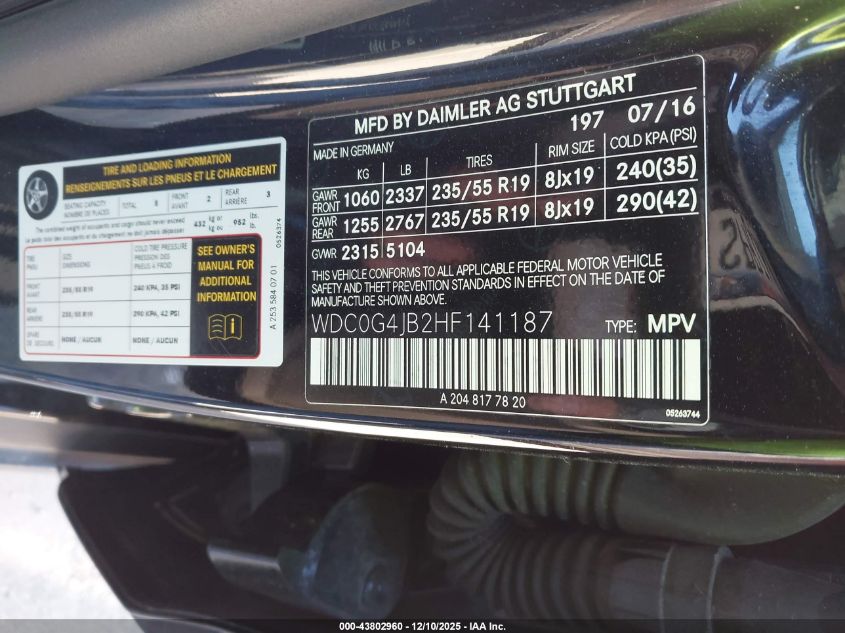 2017 Mercedes-Benz Glc 300 VIN: WDC0G4JB2HF141187 Lot: 43802960