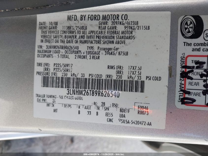 2009 Lincoln Mkz VIN: 3LNHM26T89R626540 Lot: 43802974