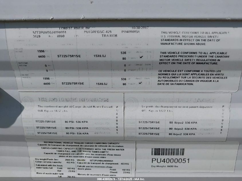 2018 Puma Xle Lite 30Dbsc VIN: 5ZT2PUVB6J4000051 Lot: 43802979