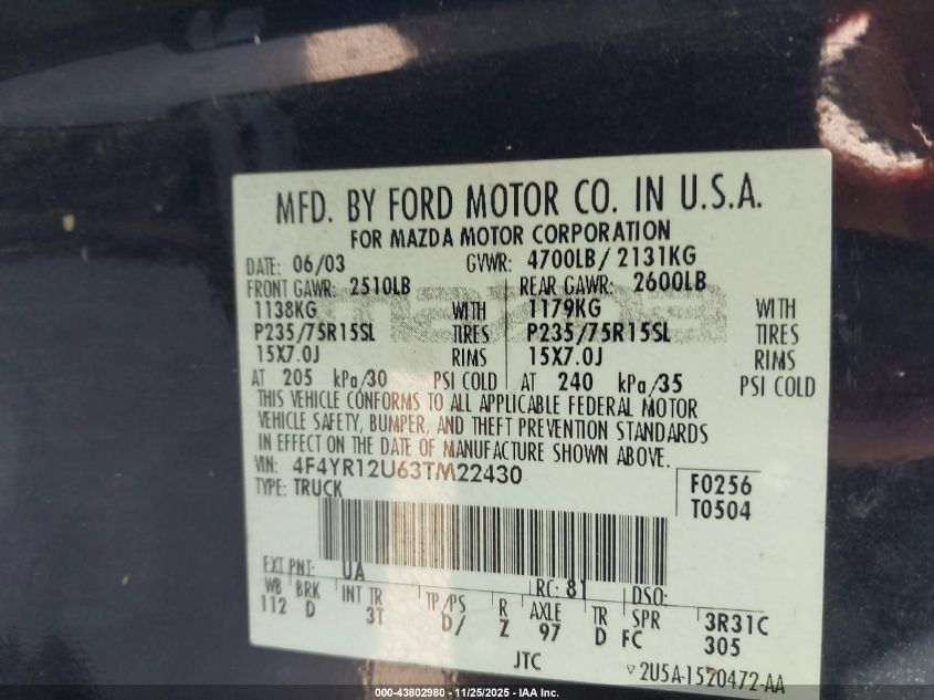 2003 Mazda B3000 Ds VIN: 4F4YR12U63TM22430 Lot: 43802980