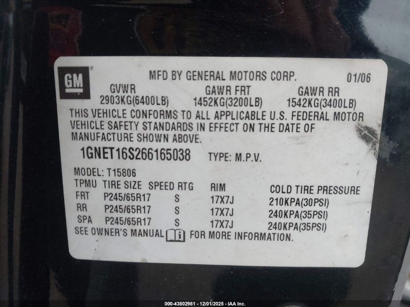 2006 Chevrolet Trailblazer Ext Lt VIN: 1GNET16S266165038 Lot: 43802981